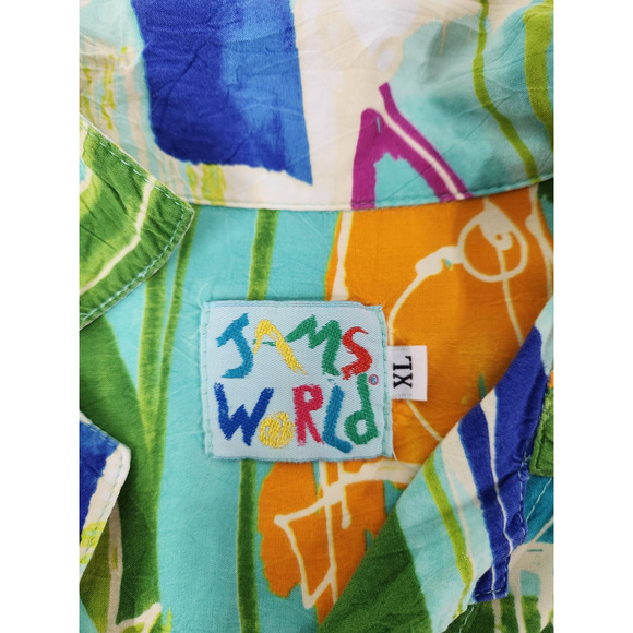 Vtg Jams World Women's Fish Pond Print Short Sleeve Shirt, Sz XL, In Multi. Flaw - Picture 8 of 13